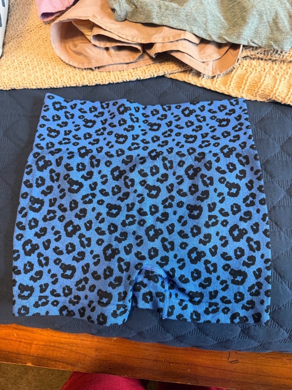 Blue Leopard Print Knit Biker Shorts
